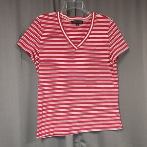 Large Tommy Hilfiger Red and White Striped V-Neck Top
